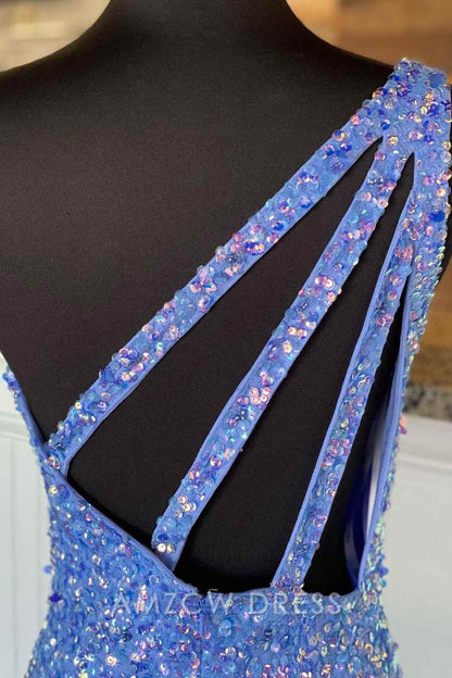Amzcw Elegant One Shoulder Lavender Sequins Mermaid Long Formal Dress
