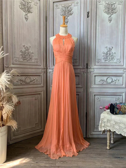 Elegant Orange Halter Neck Prom Dress With Ruffled Lace Trim Pleated Chiffon And A Line Floor Length Skirt For Formal Evening Party