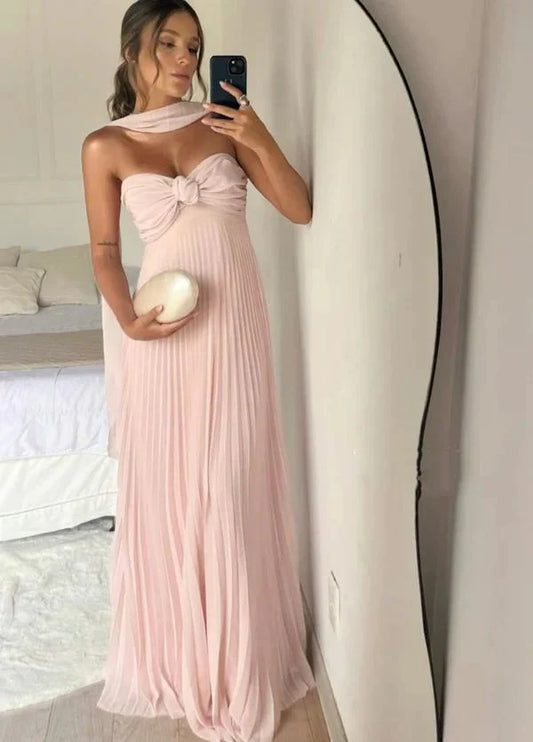 Elegant Pastel/Burgundy Strapless Bow-Front Pleated Halter Back Floor-Length Prom Dress