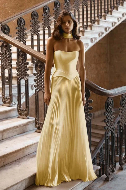Elegant Pastel Yellow Satin Strapless Corset Bodice Pleated A-Line Maxi Dress Prom Dress