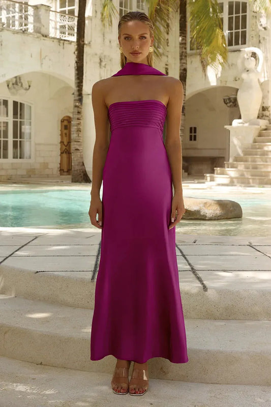 Elegant Plum Sheath Strapless Halter Sleeveless Zipper Back Long Prom Dresses