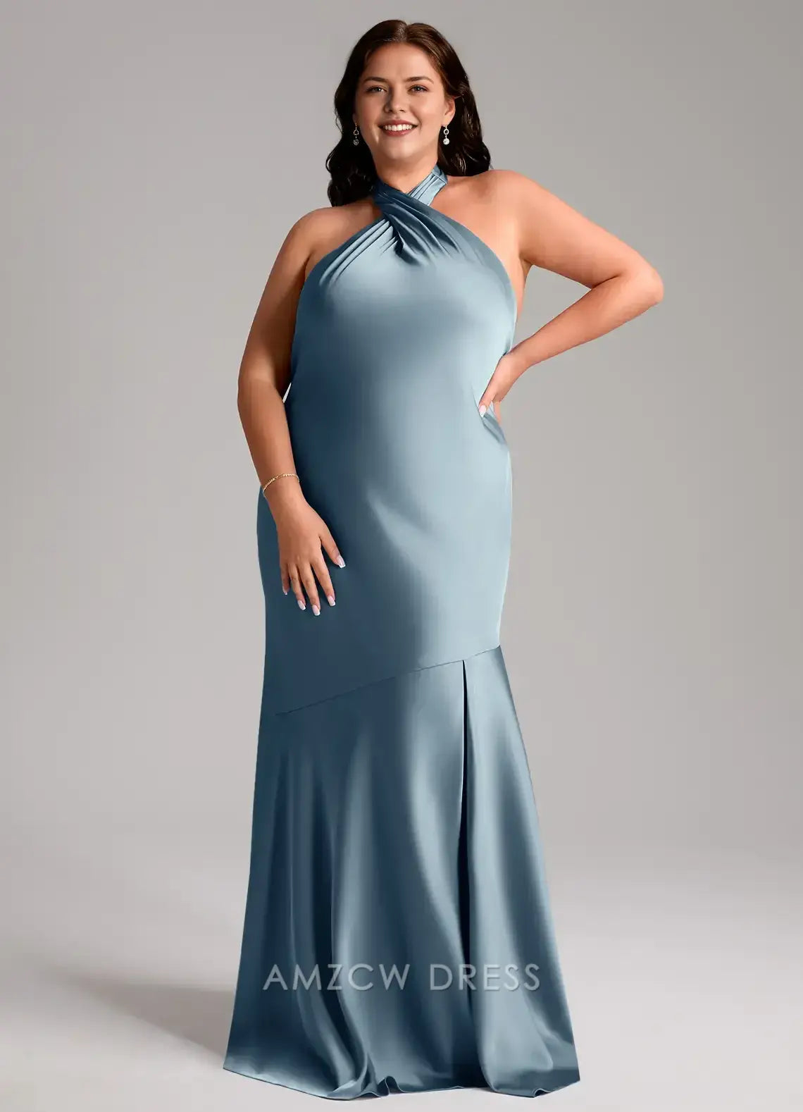Elegant Plus Size Halter Neck Satin Mermaid Maxi Dress with Open Back Prom Dress