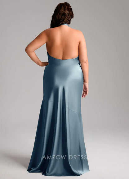 Elegant Plus Size Halter Neck Satin Mermaid Maxi Dress with Open Back Prom Dress