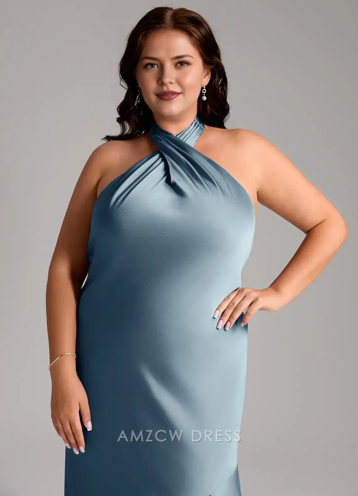 Elegant Plus Size Halter Neck Satin Mermaid Maxi Dress with Open Back Prom Dress