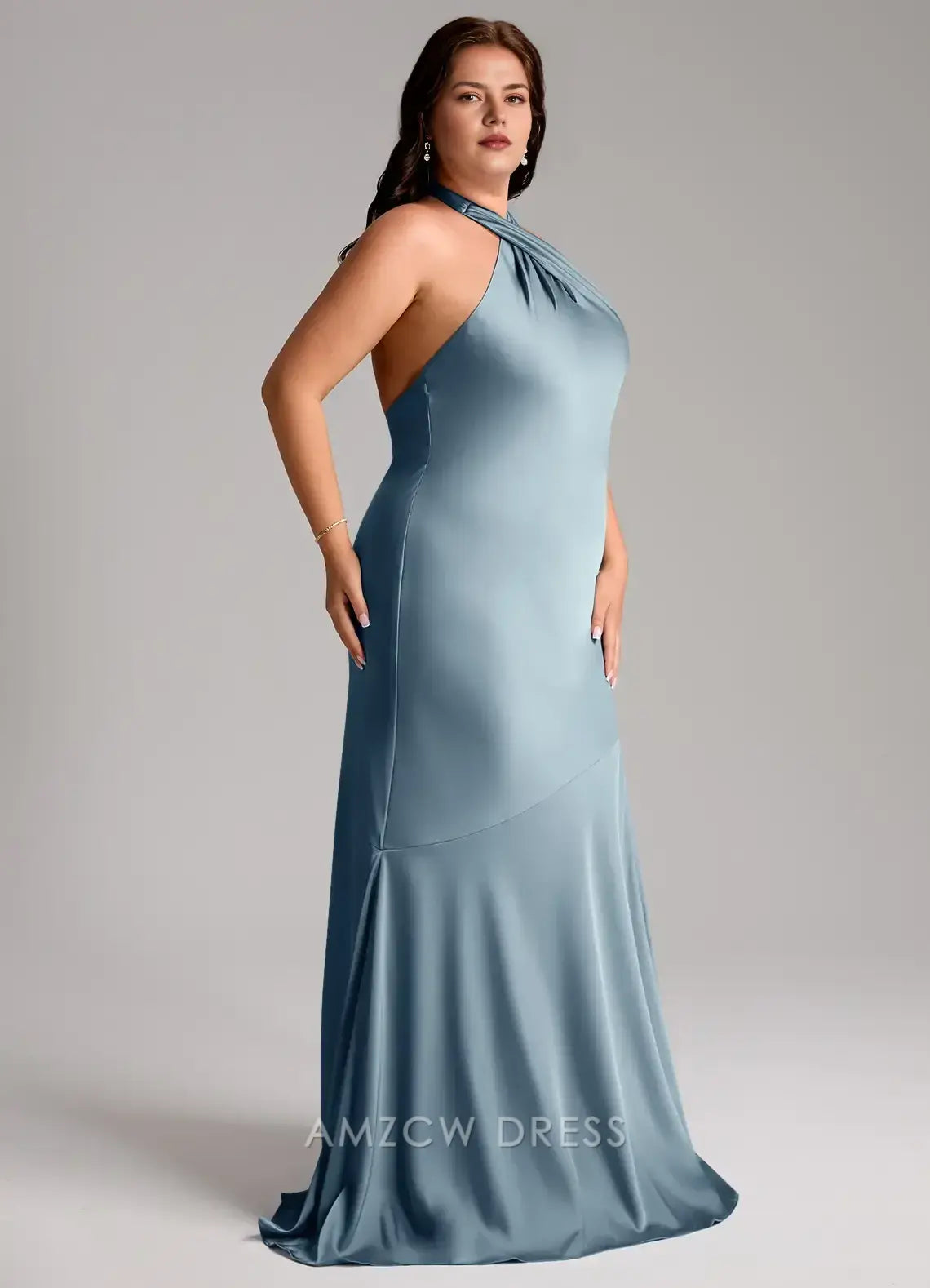 Elegant Plus Size Halter Neck Satin Mermaid Maxi Dress with Open Back Prom Dress