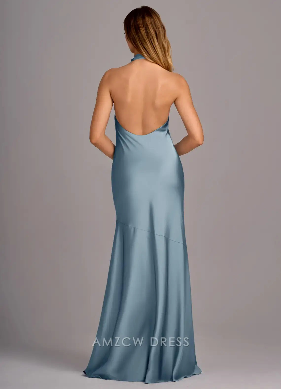 Elegant Plus Size Halter Neck Satin Mermaid Maxi Dress with Open Back Prom Dress