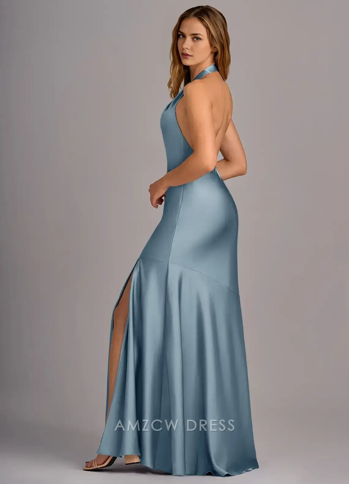 Elegant Plus Size Halter Neck Satin Mermaid Maxi Dress with Open Back Prom Dress