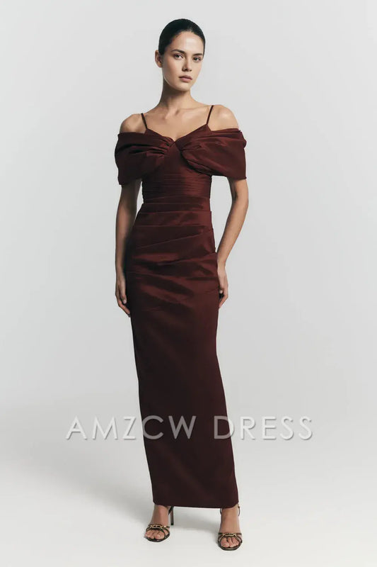 Elegant Plus Size Sheath/Column V - Neck Puff Sleeve Maxi Dress with Back Slit Prom Dress