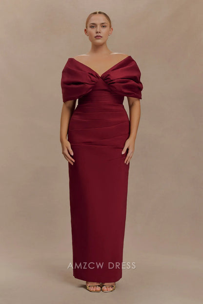Elegant Plus Size Sheath/Column V - Neck Puff Sleeve Maxi Dress with Back Slit Prom Dress