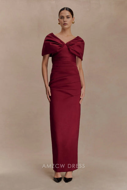 Elegant Plus Size Sheath/Column V - Neck Puff Sleeve Maxi Dress with Back Slit Prom Dress