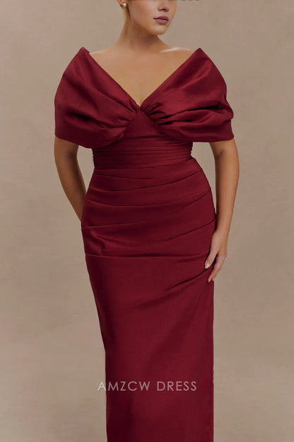 Elegant Plus Size Sheath/Column V - Neck Puff Sleeve Maxi Dress with Back Slit Prom Dress