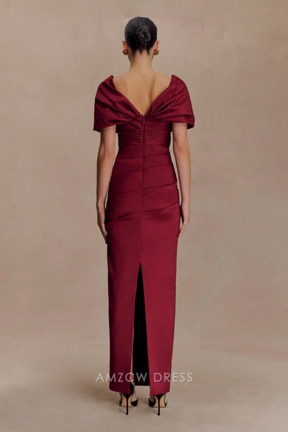 Elegant Plus Size Sheath/Column V - Neck Puff Sleeve Maxi Dress with Back Slit Prom Dress