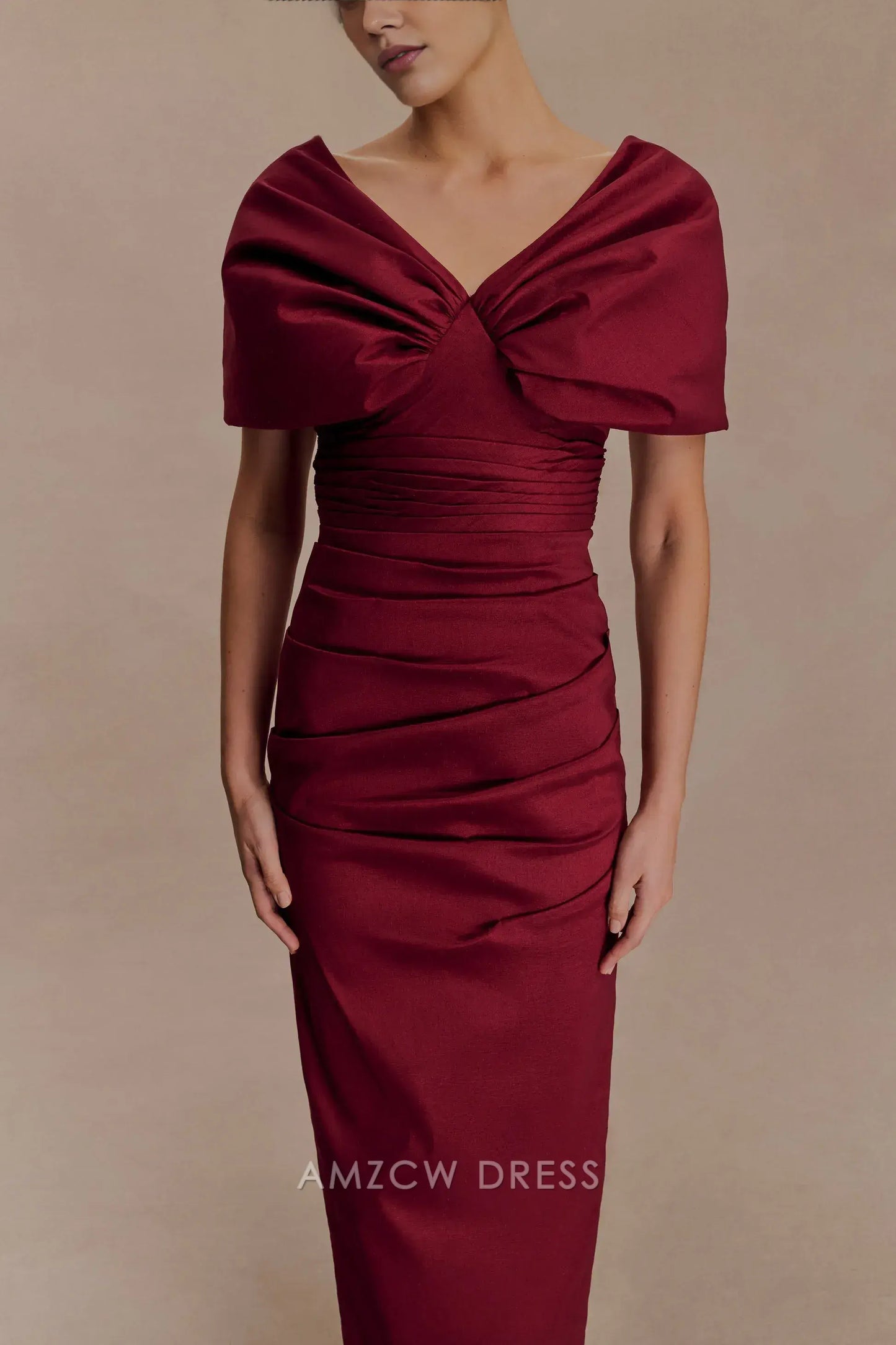 Elegant Plus Size Sheath/Column V - Neck Puff Sleeve Maxi Dress with Back Slit Prom Dress