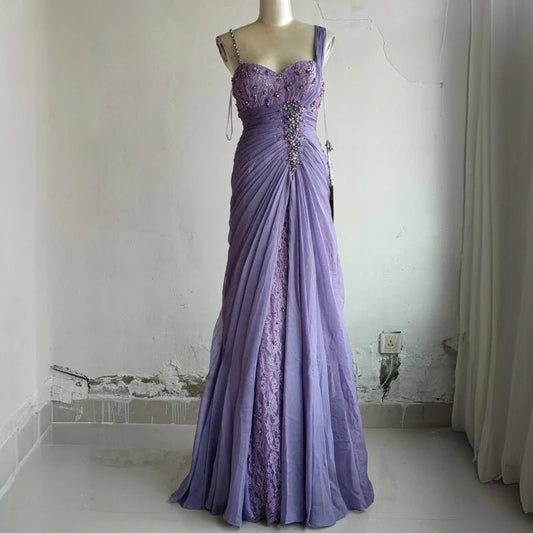 Elegant Purple One Shoulder Prom Dress With Lace Beaded Bodice And Ruched Chiffon Mermaid Skirt For Formal Evening Party