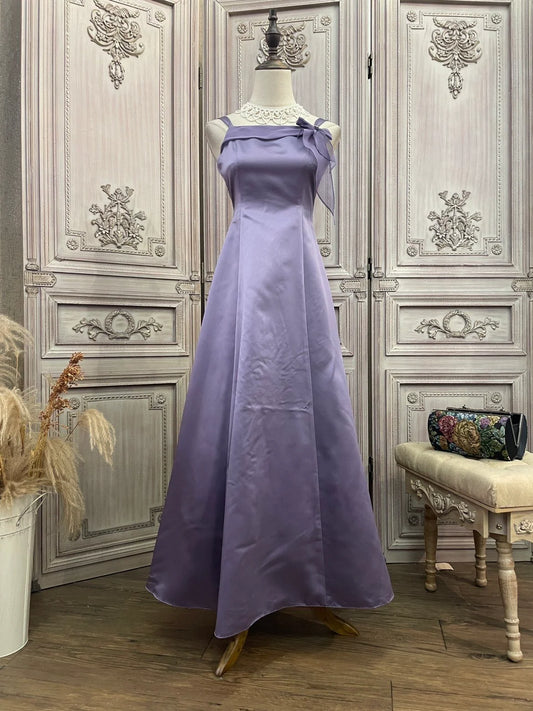 Elegant Purple Satin Prom Dress With Bow Detail And A Line Floor Length Skirt For Formal Evening Party