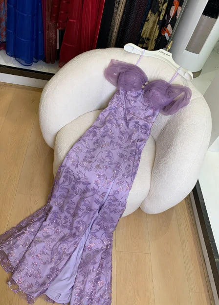 Elegant Purple Spaghetti Strap Prom Dress With Off Shoulder Tulle Ruffles And Floral Sequin Mermaid Skirt For Formal Evening Party
