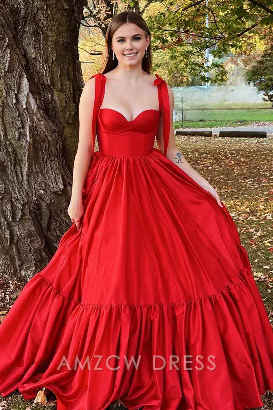 Amzcw Elegant Red Sweetheart Bow Strap A-Line Long Prom Dress