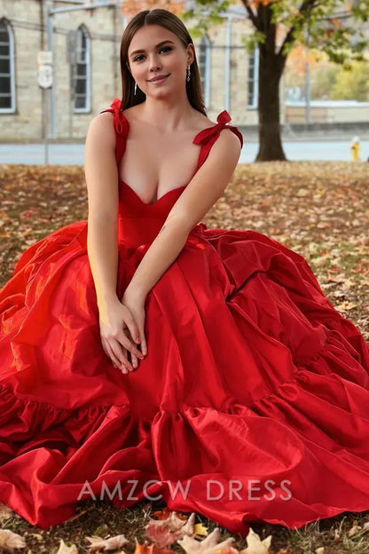 Amzcw Elegant Red Sweetheart Bow Strap A-Line Long Prom Dress