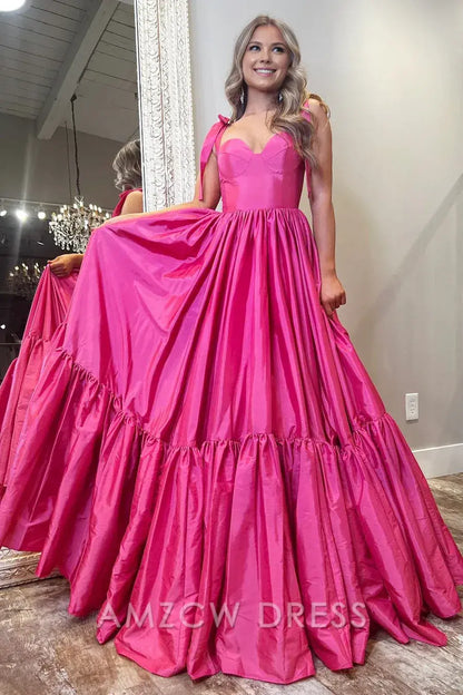 Amzcw Elegant Red Sweetheart Bow Strap A-Line Long Prom Dress