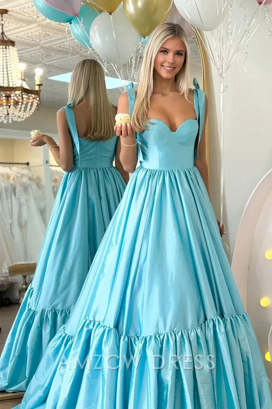 Amzcw Elegant Red Sweetheart Bow Strap A-Line Long Prom Dress