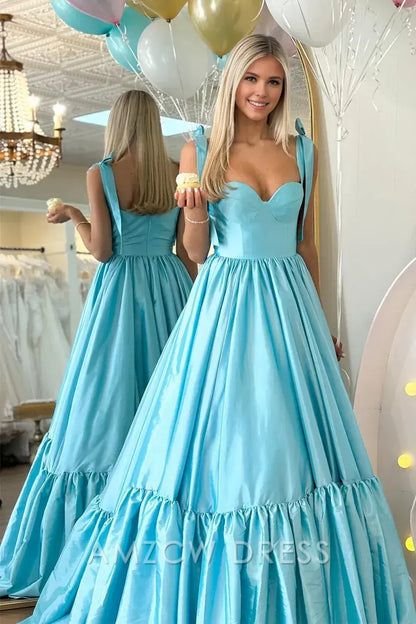 Amzcw Elegant Red Sweetheart Bow Strap A-Line Long Prom Dress