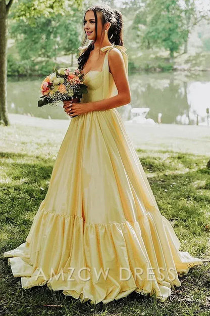 Amzcw Elegant Red Sweetheart Bow Strap A-Line Long Prom Dress