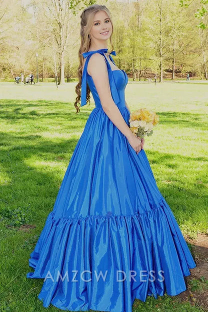 Amzcw Elegant Red Sweetheart Bow Strap A-Line Long Prom Dress