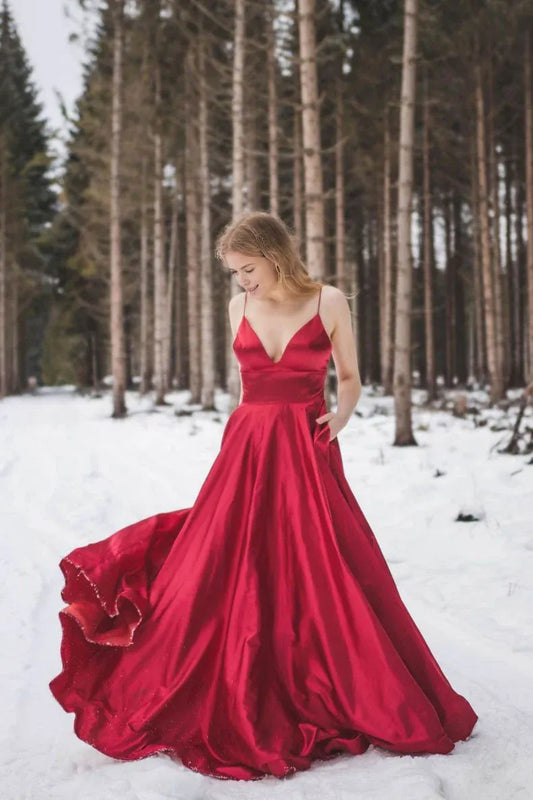 Amzcw Elegant Red v neck satin long prom dress red bridesmaid dress New Arrivals