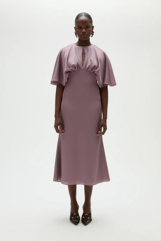 Elegant Round Neck Keyhole Cutout Flutter Sleeve Gathered Waist Midi Evening Dress