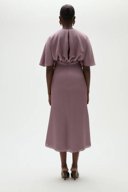 Elegant Round Neck Keyhole Cutout Flutter Sleeve Gathered Waist Midi Evening Dress