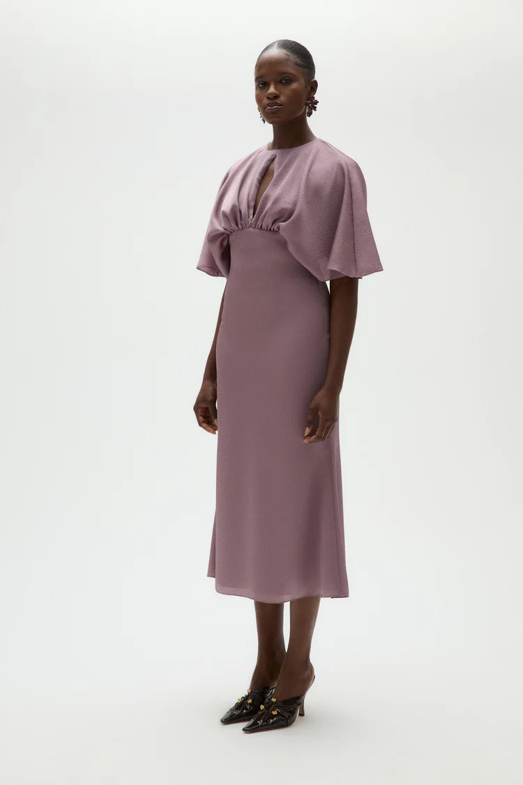 Elegant Round Neck Keyhole Cutout Flutter Sleeve Gathered Waist Midi Evening Dress