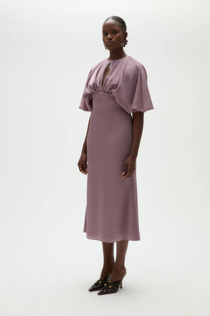 Elegant Round Neck Keyhole Cutout Flutter Sleeve Gathered Waist Midi Evening Dress