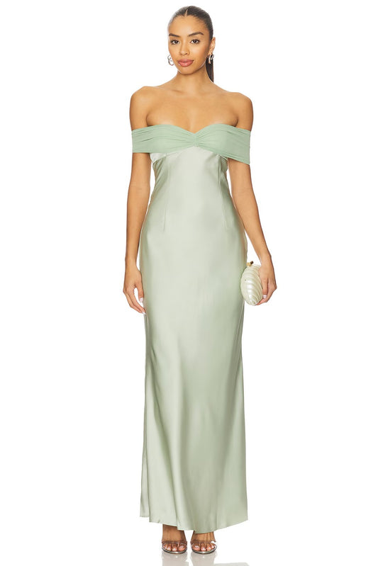 Elegant Sage Green Off-Shoulder Satin Maxi Gown with Chiffon Detail: Evening Dresses