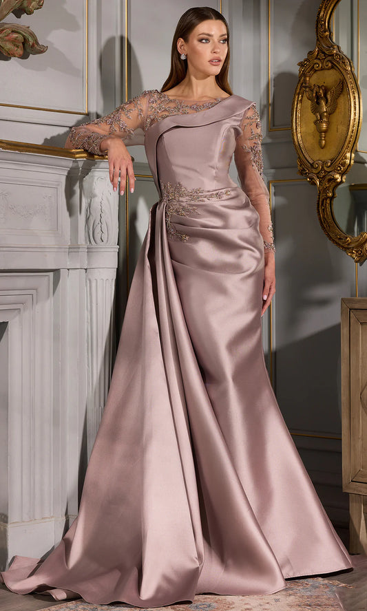 Elegant Satin Asymmetric Neck Beaded Illusion Long Sleeve Ruched Mermaid Train Maxi Dress Prom Dress