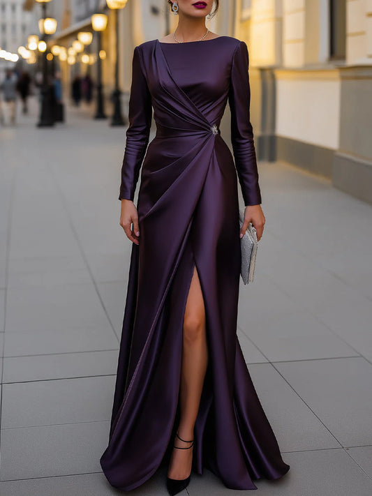 Elegant Satin Long Sleeve Boat Neck Ruched Bodice High Slit Mermaid Train Prom Dress