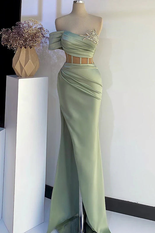 Elegant Satin Mermaid One-Shoulder Crystal-Star-Appliqué Cutout-Waist Floor-Length Evening Gown