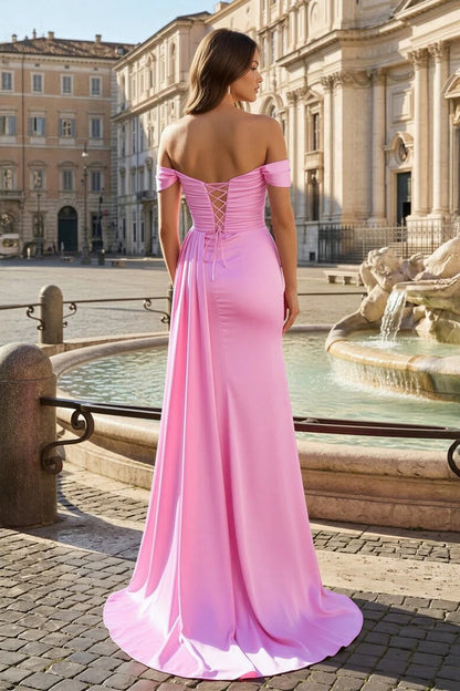 Elegant Satin Off-the-Shoulder Beaded Sweetheart Neck Cross Lace-Up Back High Slit Train Floor-Length Prom Dress