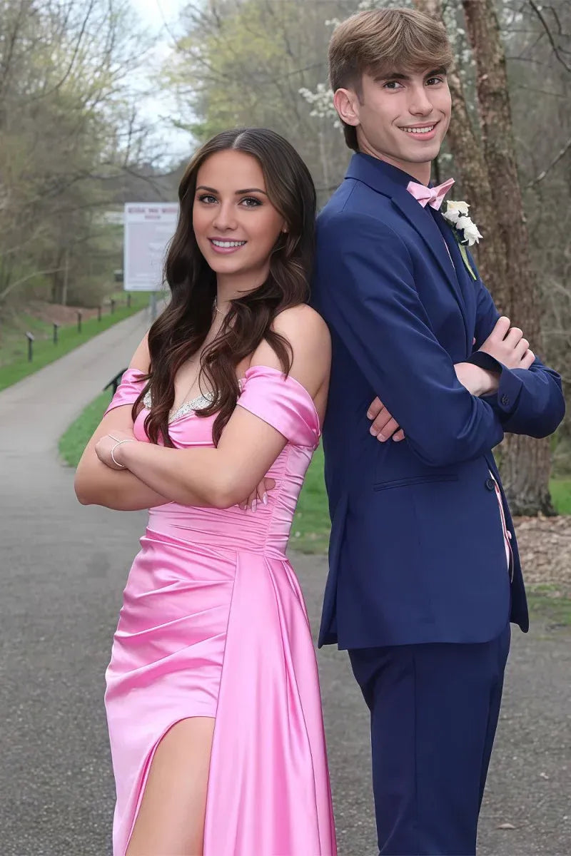 Elegant Satin Off-the-Shoulder Beaded Sweetheart Neck Cross Lace-Up Back High Slit Train Floor-Length Prom Dress