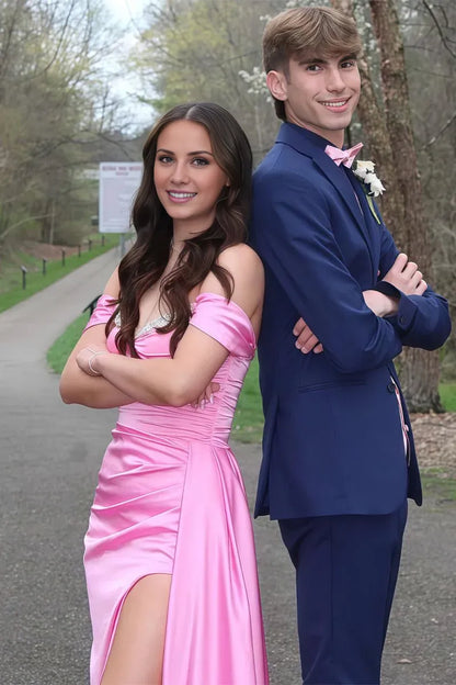 Elegant Satin Off-the-Shoulder Beaded Sweetheart Neck Cross Lace-Up Back High Slit Train Floor-Length Prom Dress