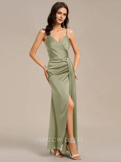 Elegant Satin Spaghetti Strap Mermaid Wrap Front Side Slit Maxi Dress Bridesmaid Dress Prom Dress
