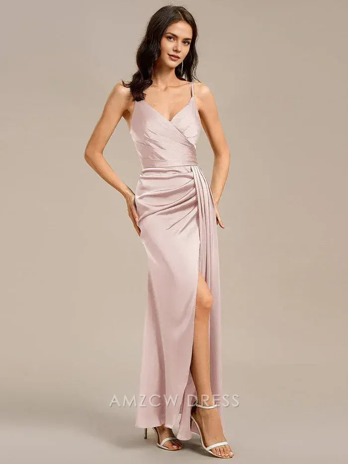 Elegant Satin Spaghetti Strap Mermaid Wrap Front Side Slit Maxi Dress Bridesmaid Dress Prom Dress