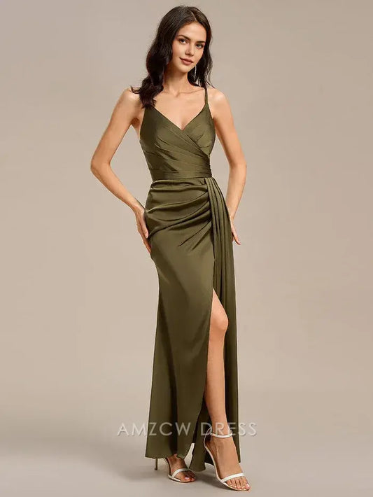 Elegant Satin Spaghetti Strap Mermaid Wrap Front Side Slit Maxi Dress Bridesmaid Dress Prom Dress