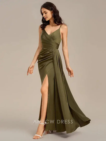 Elegant Satin Spaghetti Strap Mermaid Wrap Front Side Slit Maxi Dress Bridesmaid Dress Prom Dress