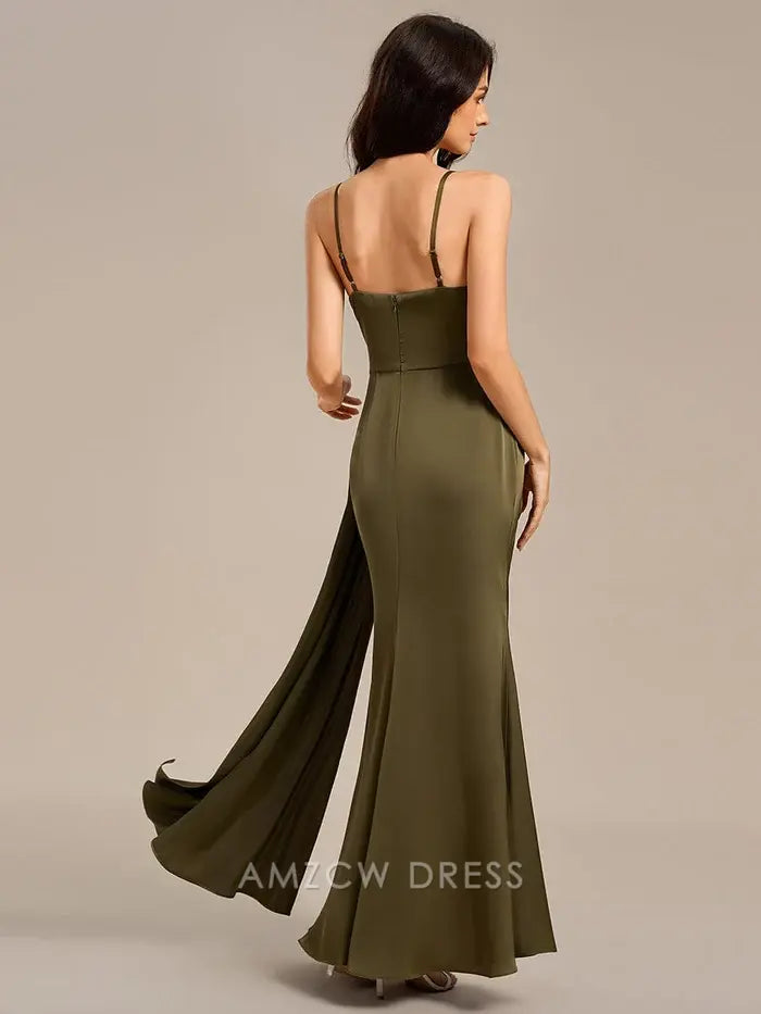 Elegant Satin Spaghetti Strap Mermaid Wrap Front Side Slit Maxi Dress Bridesmaid Dress Prom Dress