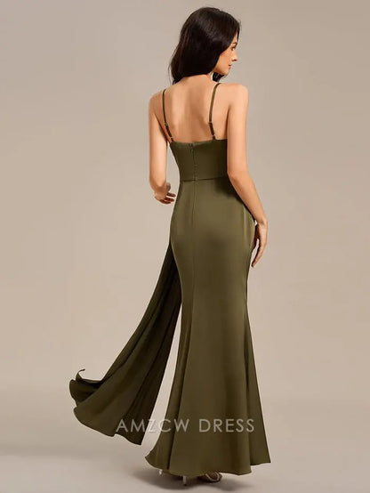 Elegant Satin Spaghetti Strap Mermaid Wrap Front Side Slit Maxi Dress Bridesmaid Dress Prom Dress