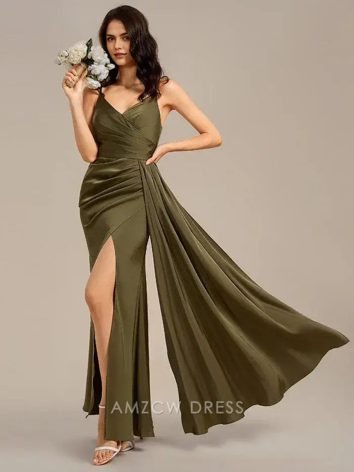 Elegant Satin Spaghetti Strap Mermaid Wrap Front Side Slit Maxi Dress Bridesmaid Dress Prom Dress