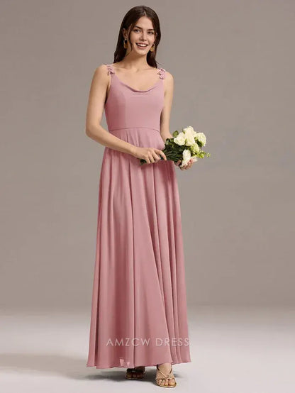 Elegant Scoop Neck Flower Detail Strap Maxi Dress with Pockets Prom Dress