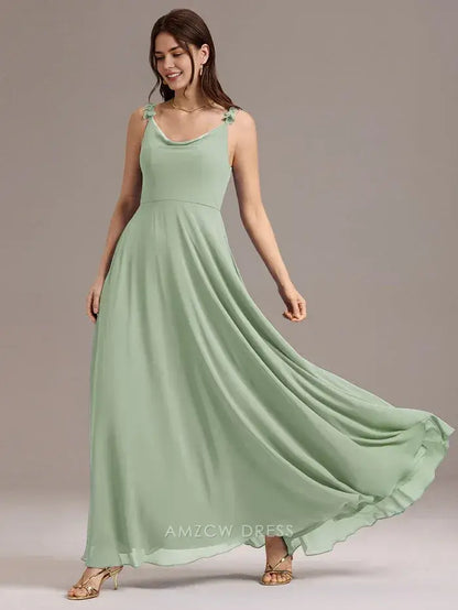 Elegant Scoop Neck Flower Detail Strap Maxi Dress with Pockets Prom Dress