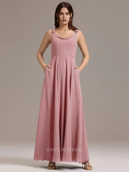 Elegant Scoop Neck Flower Detail Strap Maxi Dress with Pockets Prom Dress