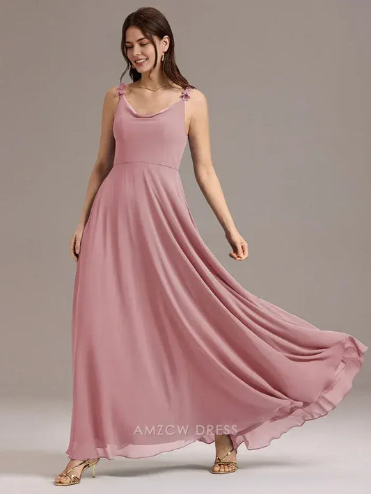 Elegant Scoop Neck Flower Detail Strap Maxi Dress with Pockets Prom Dress
